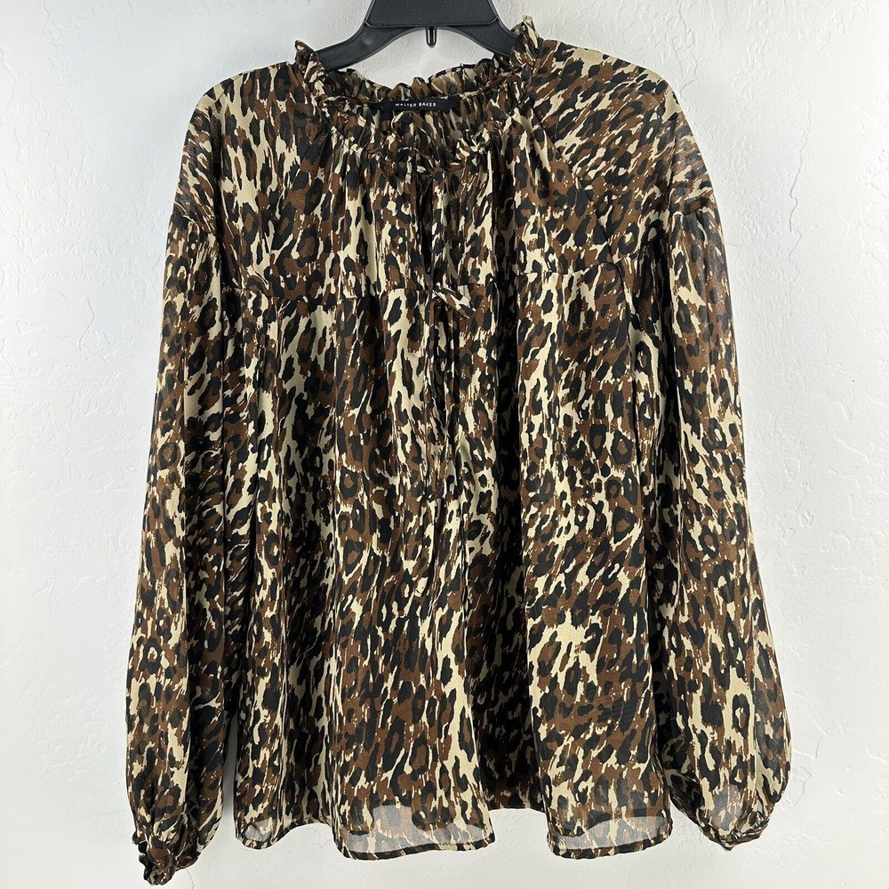 Walter Baker Womens Top XL Leopard Tie‎ Front Blouse Long Sleeve Sheer Ruffle